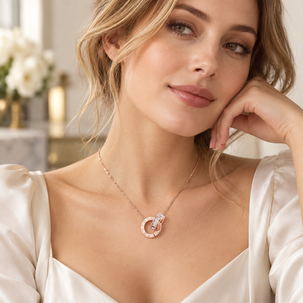 Rose Gold Roman Numeral Double-Ring Necklace