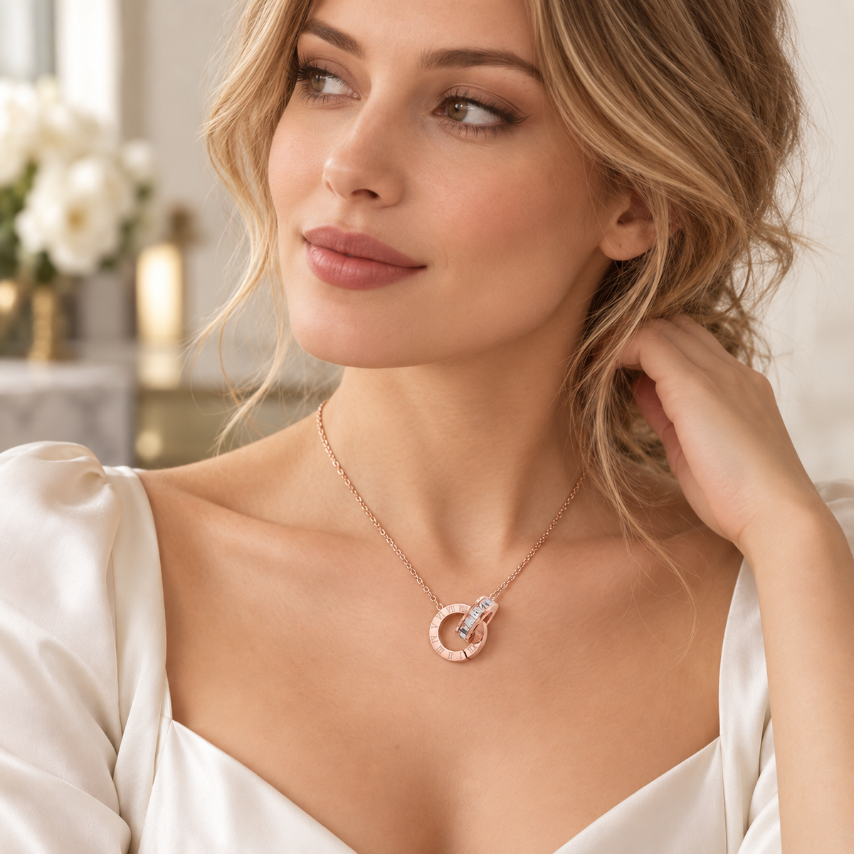Rose Gold Roman Numeral Double-Ring Necklace