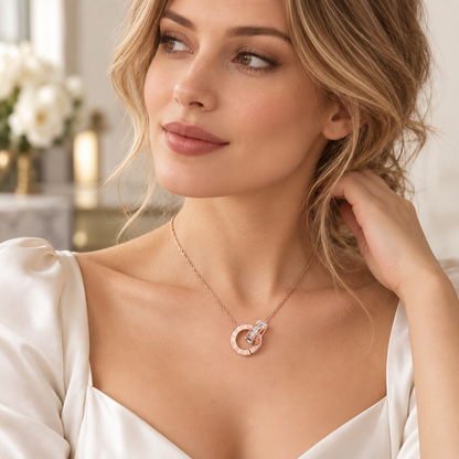 Rose Gold Roman Numeral Double-Ring Necklace