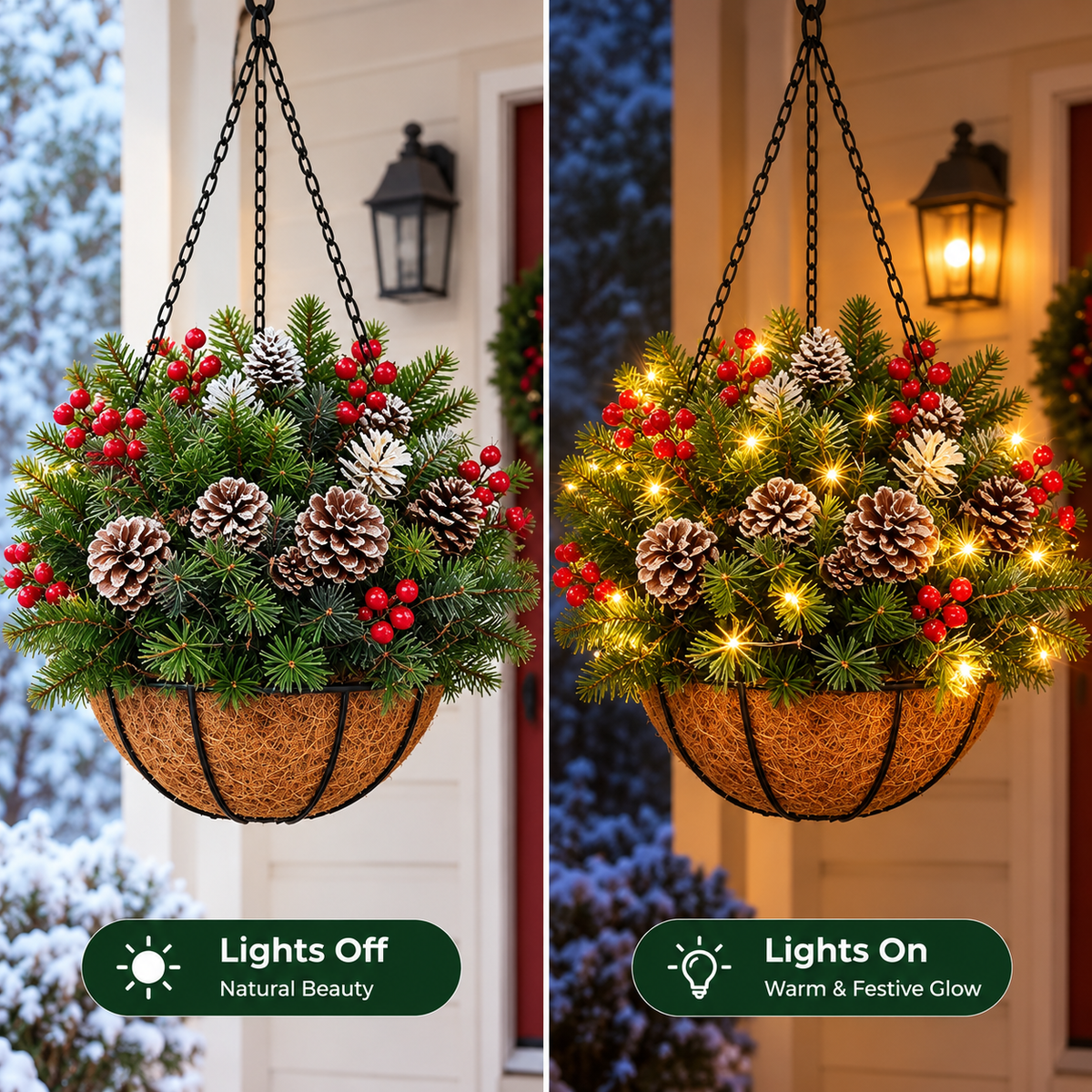 Last Day 50% OFF🏆Pre-Lit Christmas Hanging Basket |🎄 Pre-lit, weather-resistant, and zero maintenance
