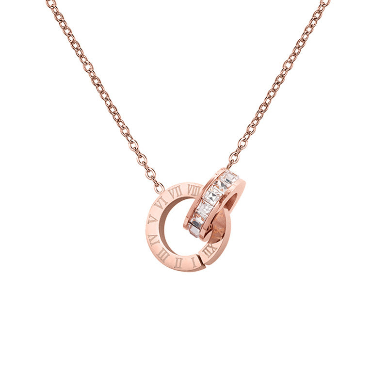 Rose Gold Roman Numeral Double-Ring Necklace