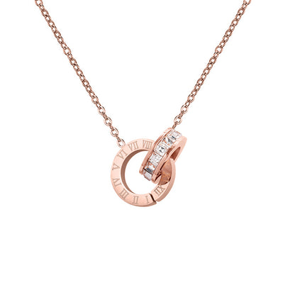 Rose Gold Roman Numeral Double-Ring Necklace