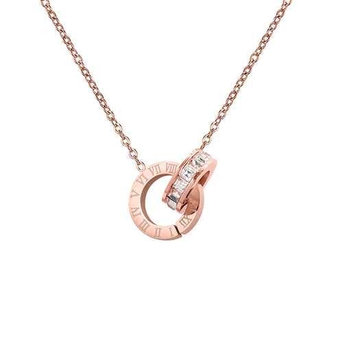 Rose Gold Roman Numeral Double-Ring Necklace